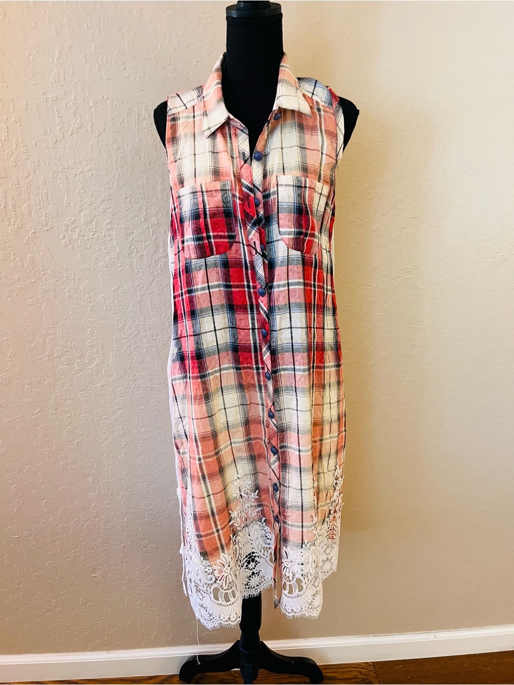 Aratta Red White Plaid Sleeveless Shirt Dress